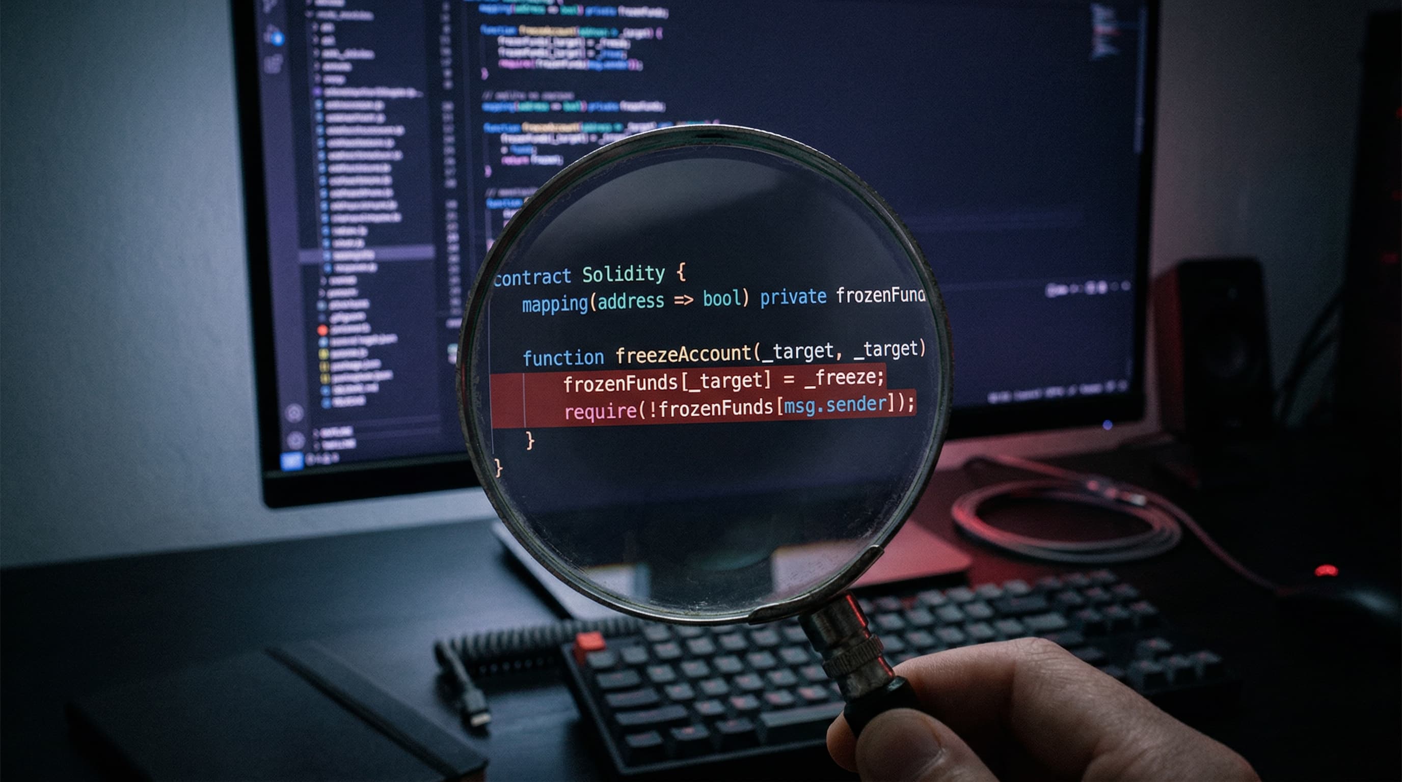 Magnifying glass over Solidity code revealing freeze functions
