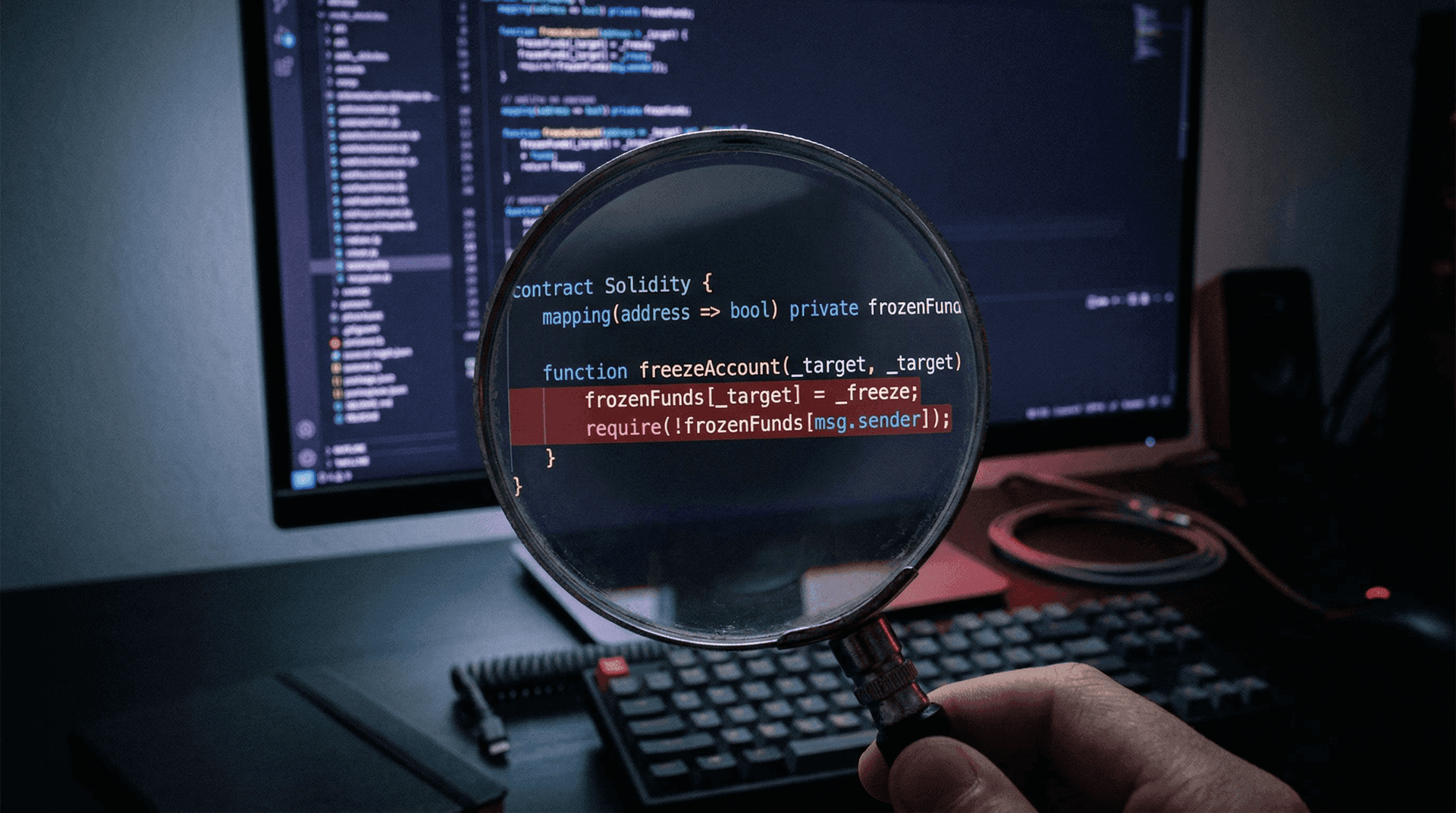 Magnifying glass over Solidity code revealing freeze functions