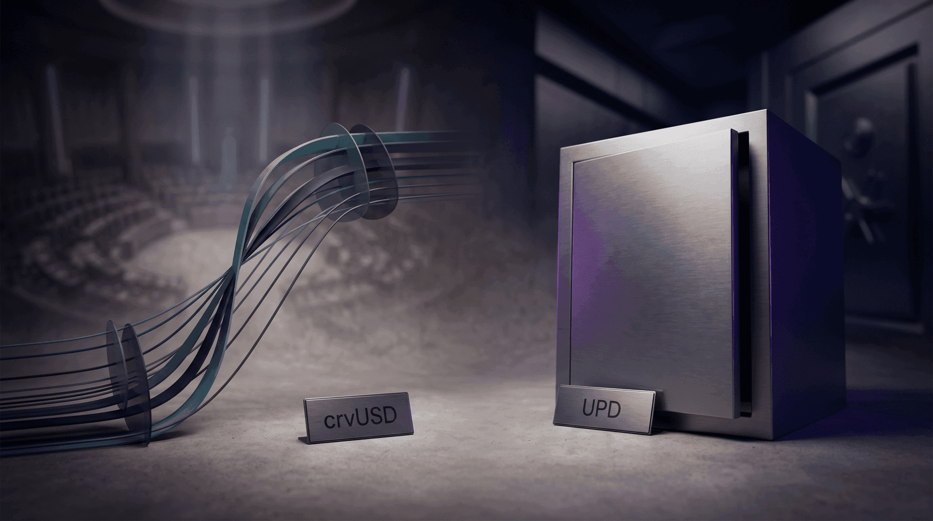 Two stablecoin systems shown side by side, left labeled crvUSD with a flowing LLAMMA band diagram above a DAO governance chamber, right labeled UPD as a clean geometric brushed-steel vault, neither side has any freeze or blacklist signage