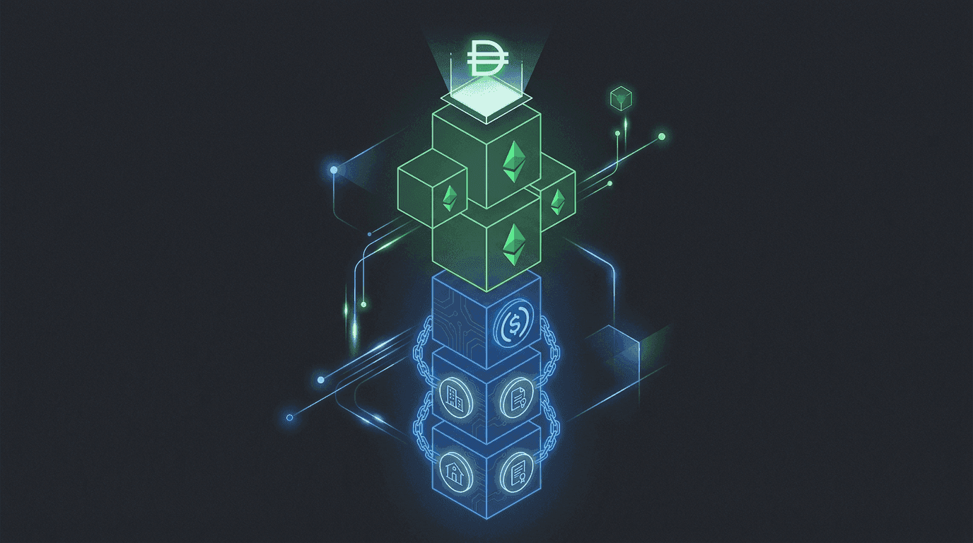 A tall column of stacked blocks: bottom half in chains labeled USDC and RWA, top portion unchained labeled ETH, DAI logo balanced on top