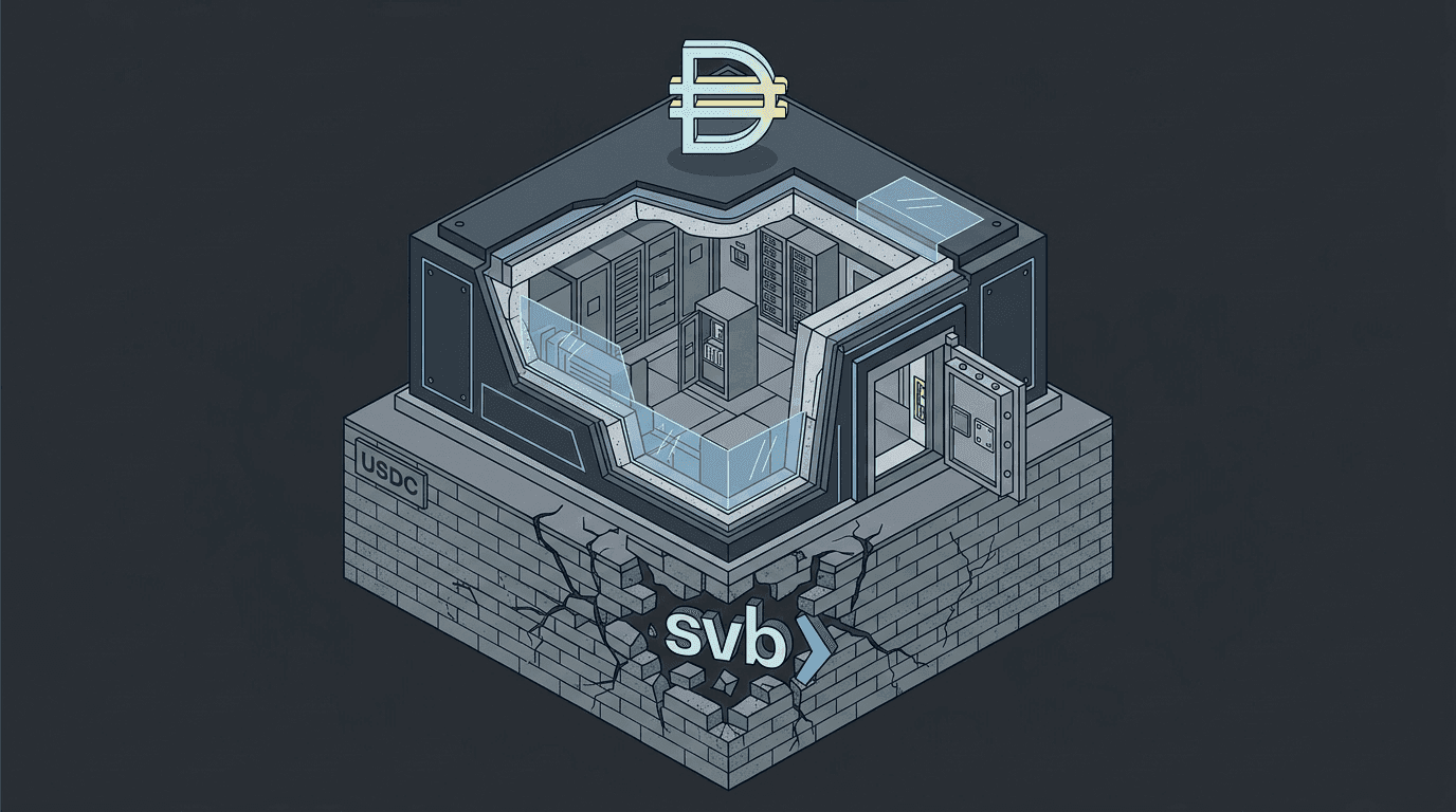 Cutaway diagram of a vault with DAI floating freely on top while USDC brick foundation cracks below with SVB logo visible