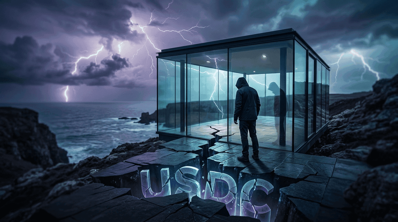 A glass house in a lightning storm with cracking USDC pillars beneath the floor, a person looking down at the fractures