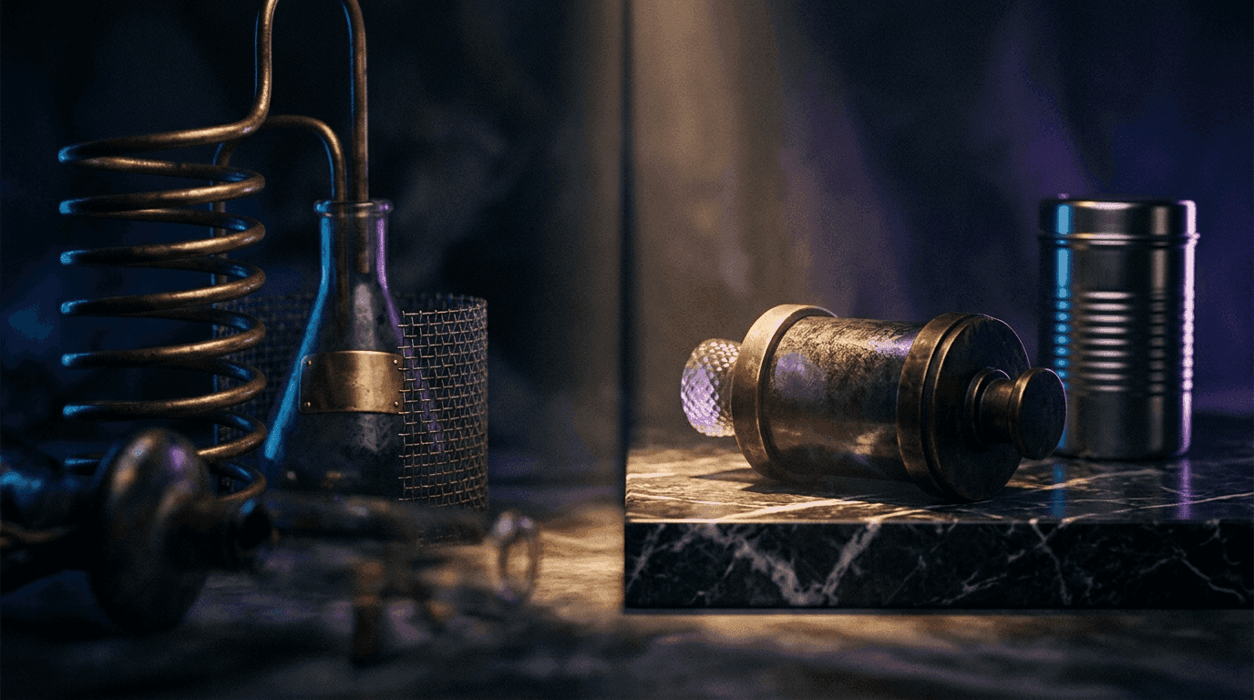 Split composition showing a single large beaker labeled FRAX being decanted into two smaller containers, left container a glass DeFi-style flask with coiled copper AMO tubing and a small label reading Legacy Frax Dollar, right container a heavy brass-trimmed bank vial resting on a polished plaque reading frxUSD with a faint BlackRock-style monogram in the background, to the far right a single sealed stainless steel cylinder labeled UPD standing intact, moody purple and blue editorial lighting, no text other than the object labels described