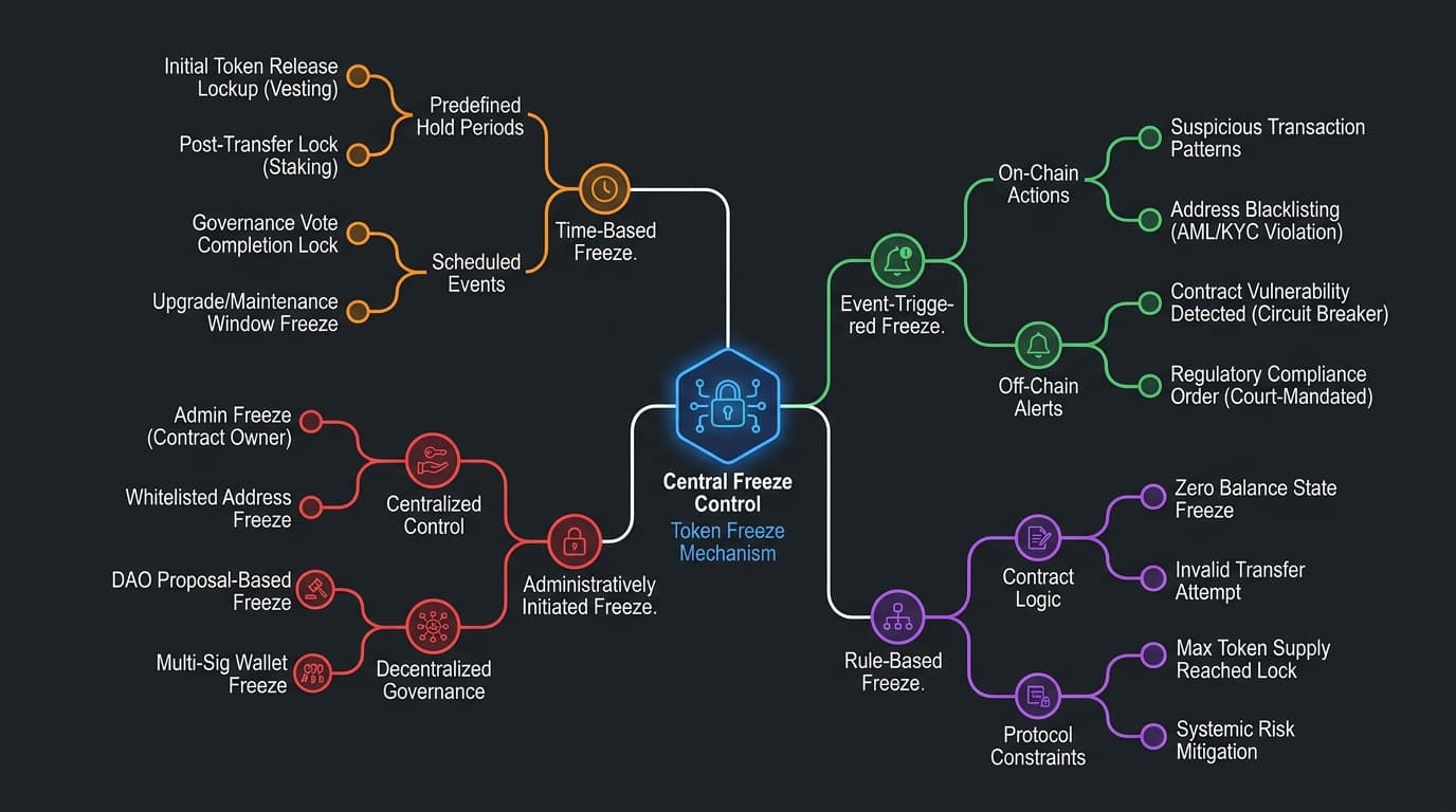 Diagram mapping each top-10 stablecoin to its freeze mechanism category