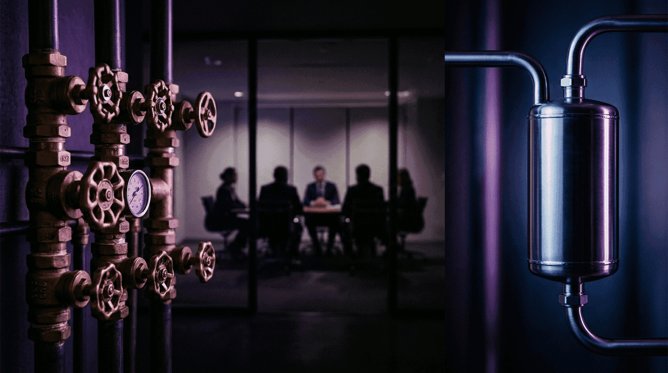 Two stablecoin systems side by side, left labeled GHO with a rack of metered brass valves each tagged Facilitator and a boardroom of seated delegates labeled Aave DAO and GHO Stewards behind them, right labeled UPD as a single sealed stainless steel cylinder with one stETH inlet and one UPD outlet, neither side has a blacklist or freeze panel