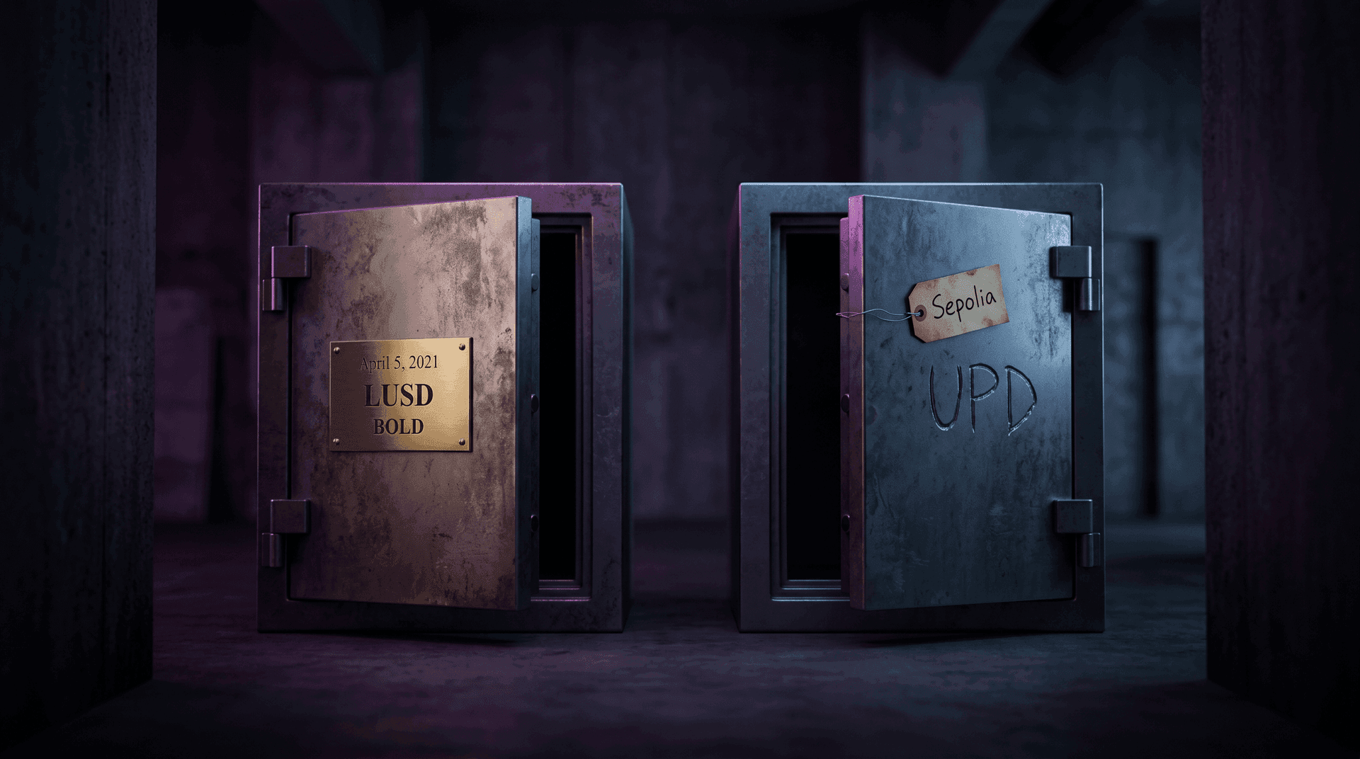 Two clean on-chain vaults standing side by side, left labeled LUSD and BOLD with a polished brass plaque reading April 5 2021, right labeled UPD with a small Sepolia paper tag, neither vault has any freeze or blacklist signage, both doors open