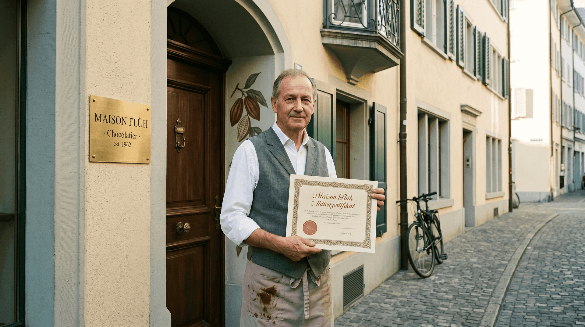 The second-generation owner of Maison Flüh standing on the factory floor of his Swiss chocolate workshop, holding up a paper stock certificate for the tokenized equity raise. Copper tempering kettles, wooden moulds, and stacks of dark chocolate slabs fill the background. Warm industrial light.