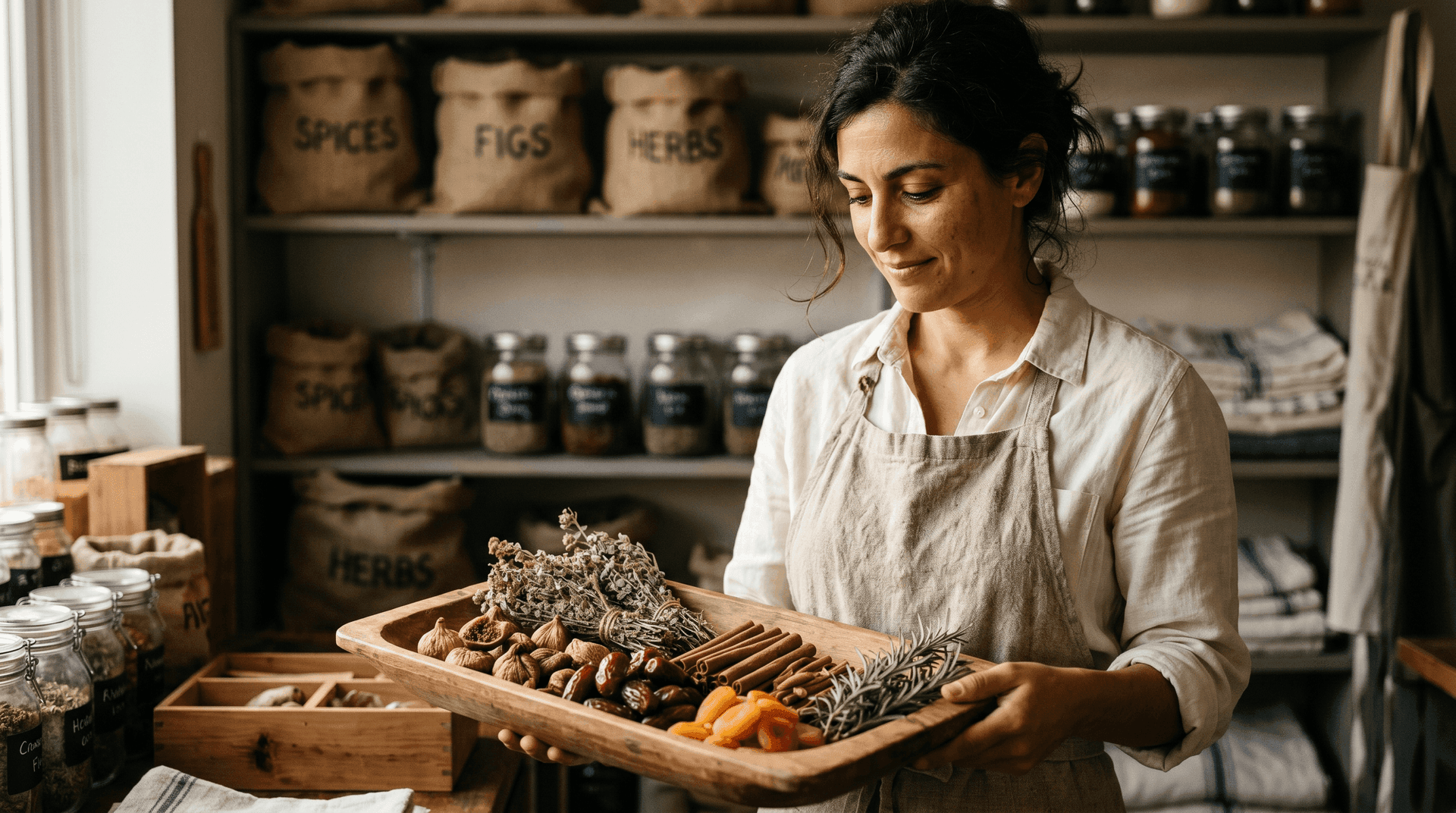 Maria, a small-business owner in her mid-thirties, holds a wooden tray of dried figs, dates, apricots, cinnamon sticks, oregano, and rosemary against warm wooden shelving with burlap sacks labelled SPICES, FIGS, HERBS.