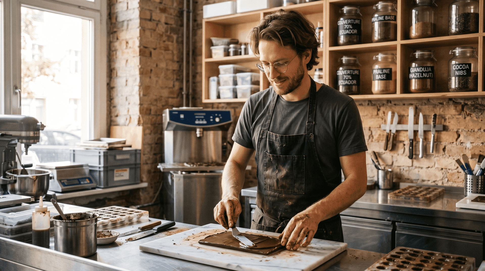 Lukas, a man in his mid-thirties with round wire-frame glasses and a light beard, working a slab of dark couverture on a marble counter in his Berlin chocolate workshop. Stainless steel surfaces and labelled jars (COUVERTURE 70% ECUADOR, PRALINE BASE, GIANDUJA, COCOA NIBS) line the back wall. Warm late-afternoon window light.