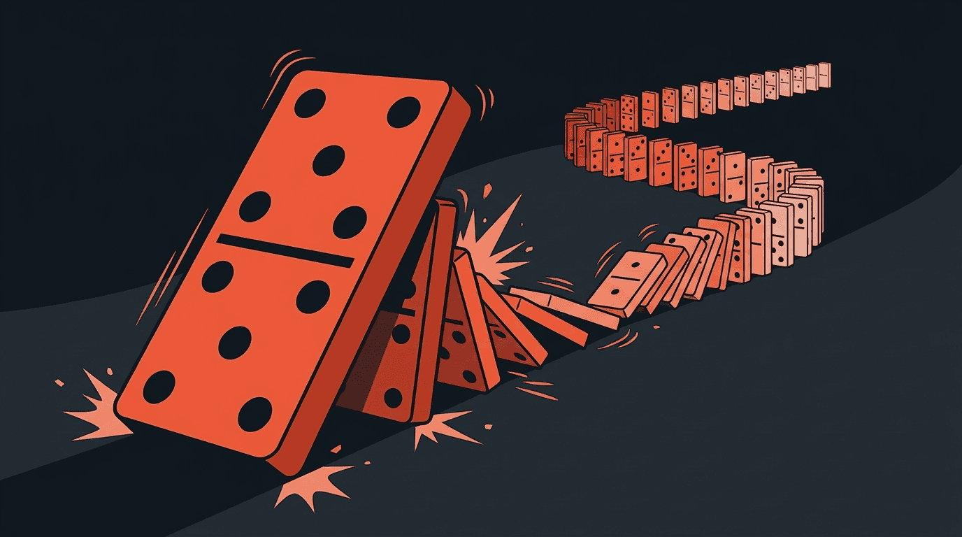 A domino chain reaction with a massive first domino falling into progressively smaller ones, representing how an issuer-level incident cascades into protocol-level disruptions