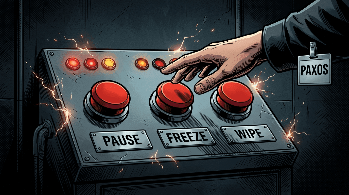 A hand with a Paxos badge hovering over three big red buttons labeled Pause, Freeze, and Wipe on an industrial control panel with sparks