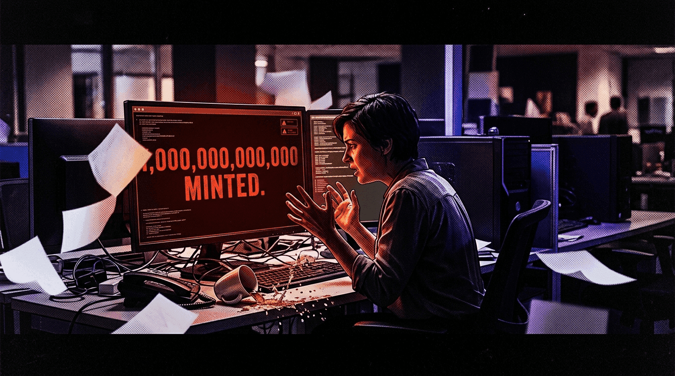 A person staring in panic at a terminal screen displaying 1 trillion dollars minted in red, papers flying in a dark office