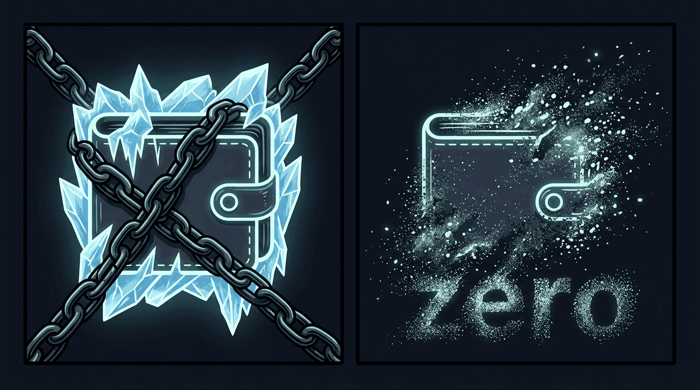 Two-panel illustration: left panel shows a wallet encased in ice and chains, right panel shows the same wallet disintegrating into dust particles spelling zero