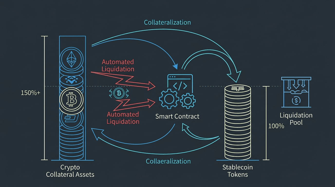 Over-collateralized stablecoin architecture: crypto collateral exceeding token supply with automated liquidation and no admin key