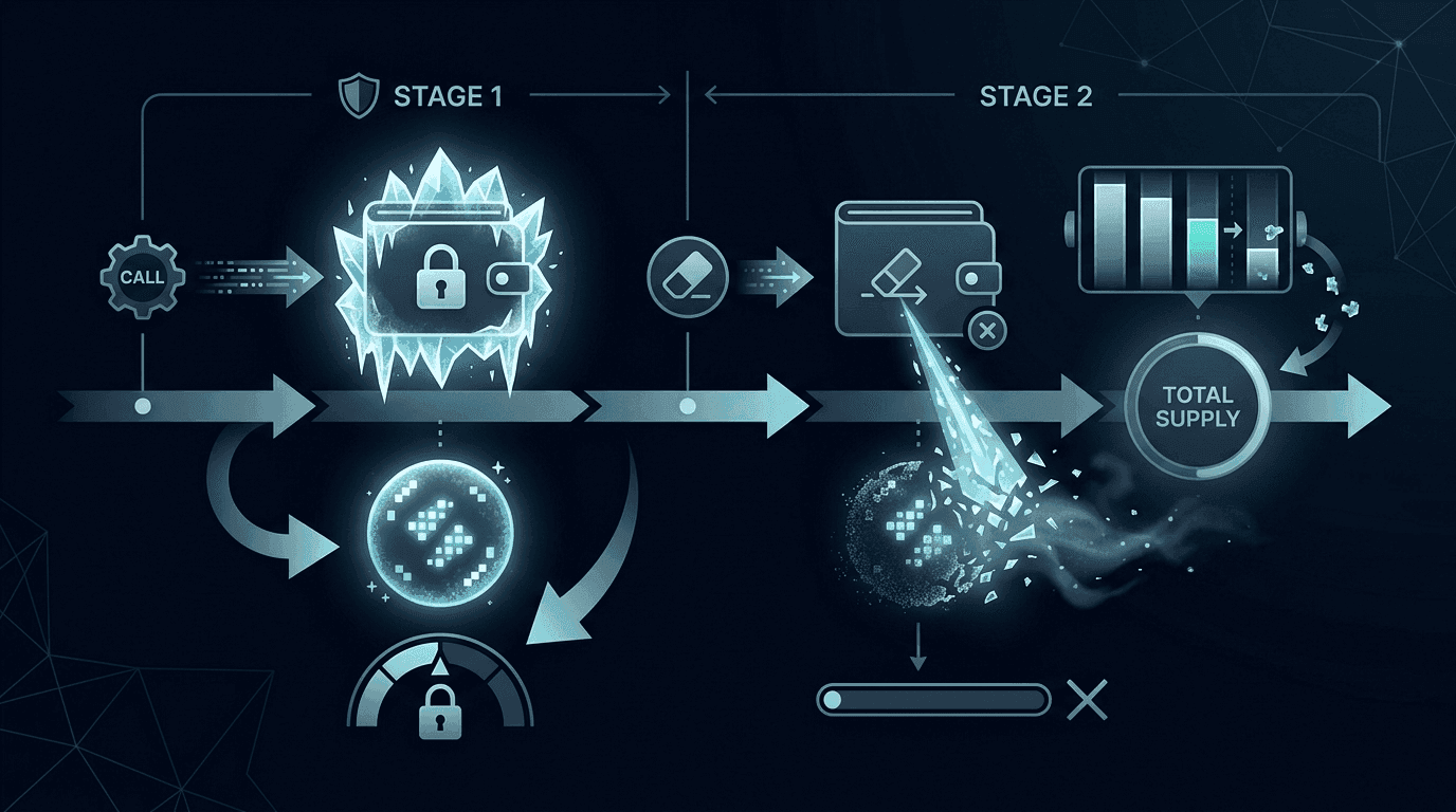 The Paxos two-step wipe process: freeze an address, then wipeFrozenAddress to zero the balance and reduce total supply