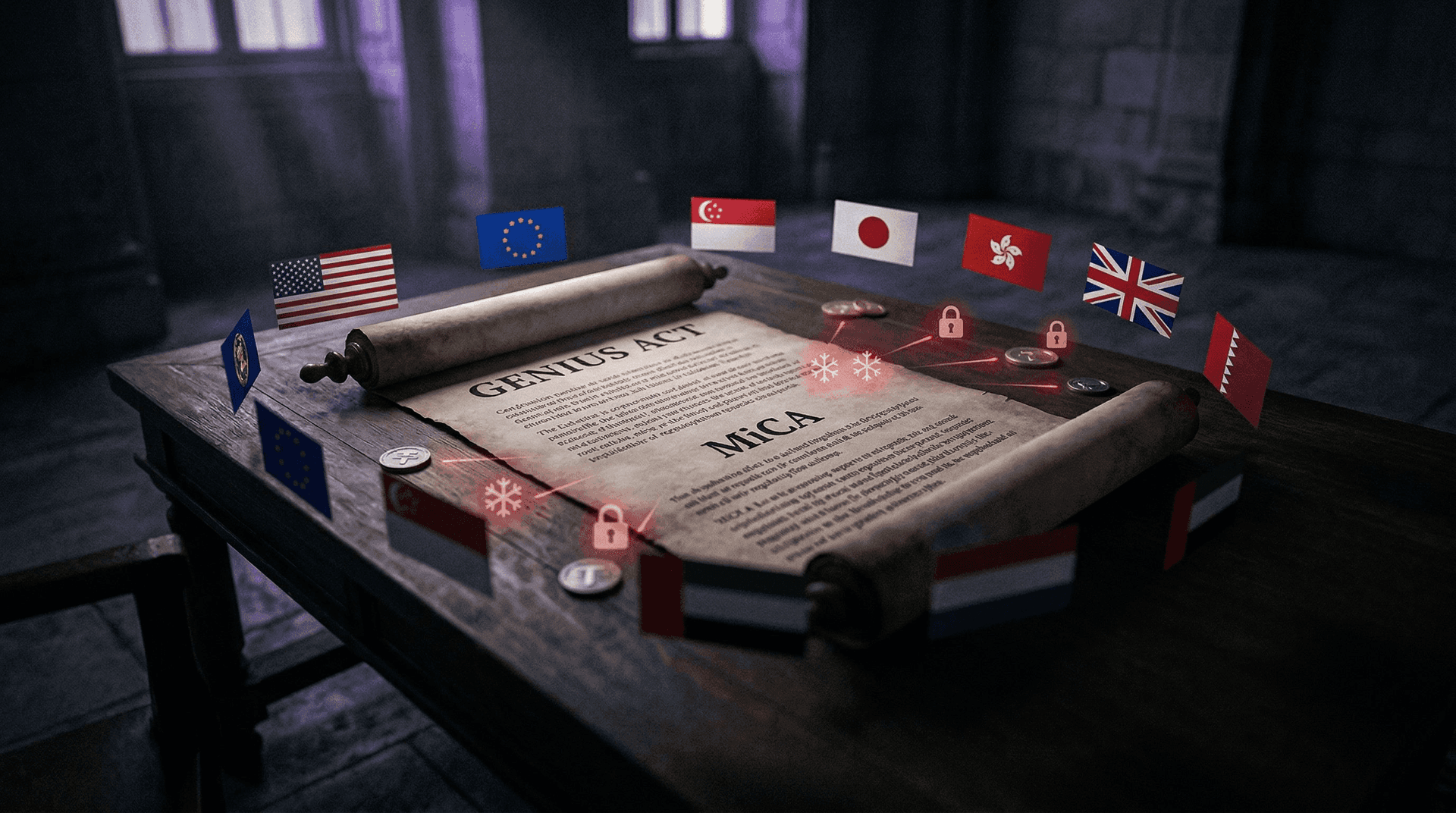 A globe with legal documents, stablecoin symbols, and regulatory seals arranged by jurisdiction
