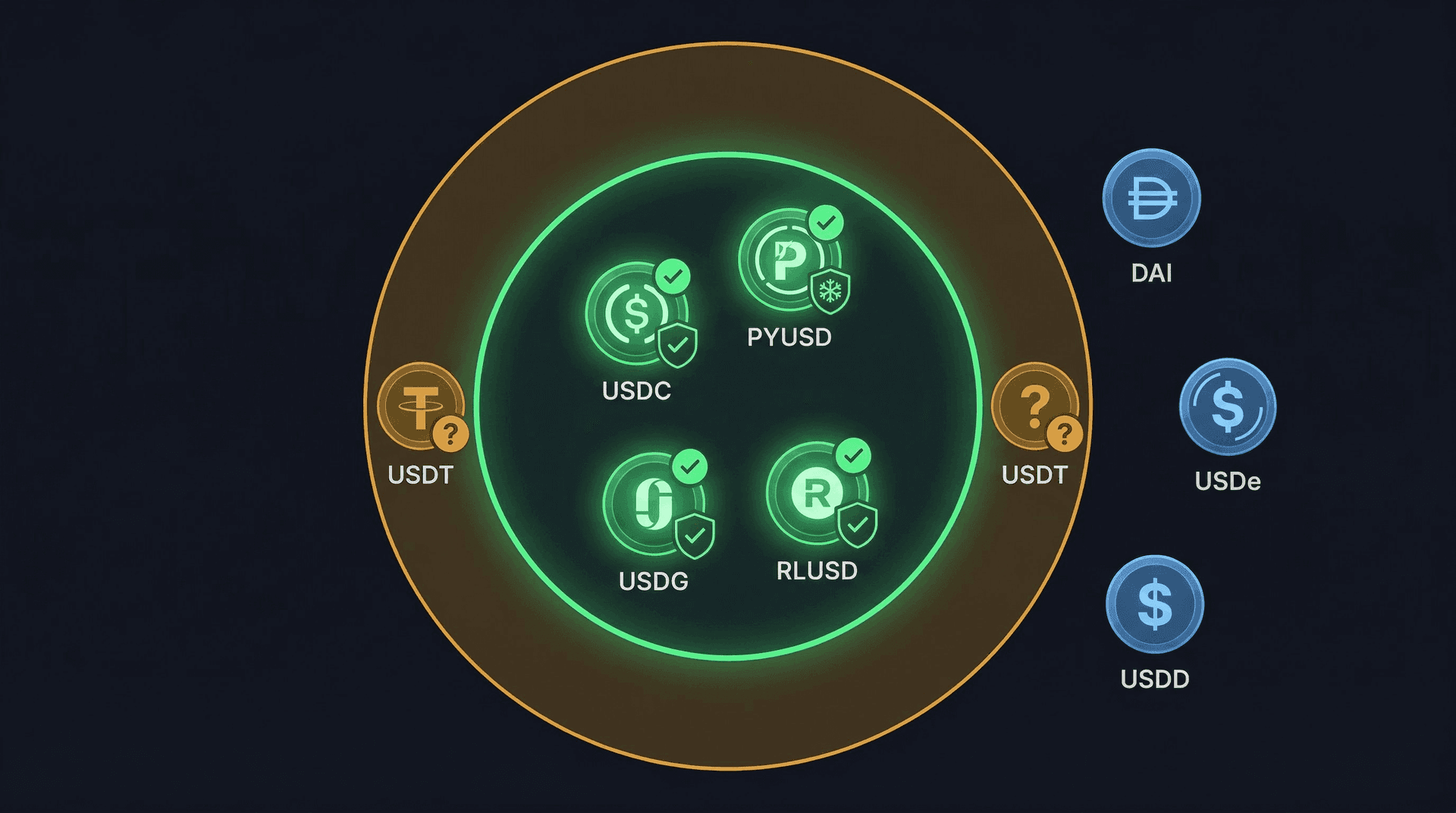 The GENIUS Act permitted stablecoin perimeter showing which tokens qualify and which fall outside