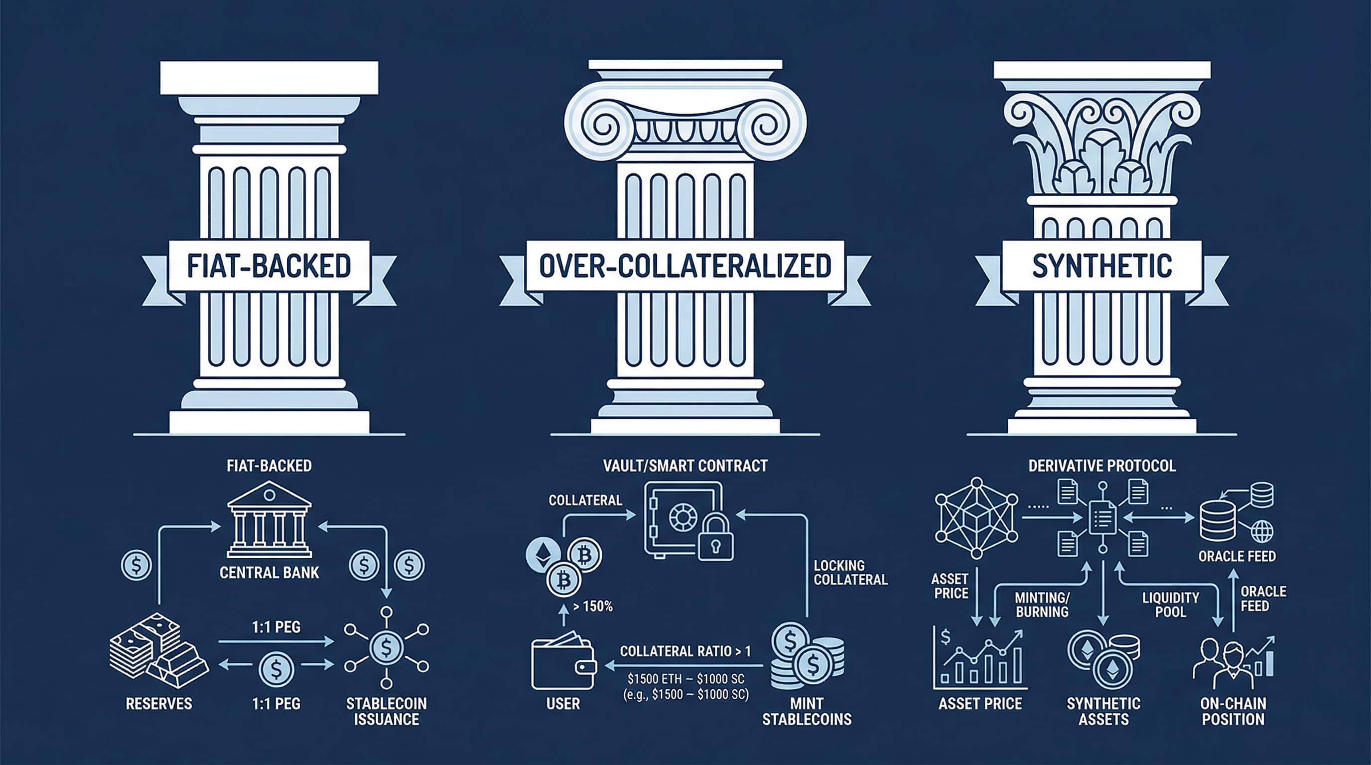 Three stablecoin design families: fiat-backed, over-collateralized, and synthetic