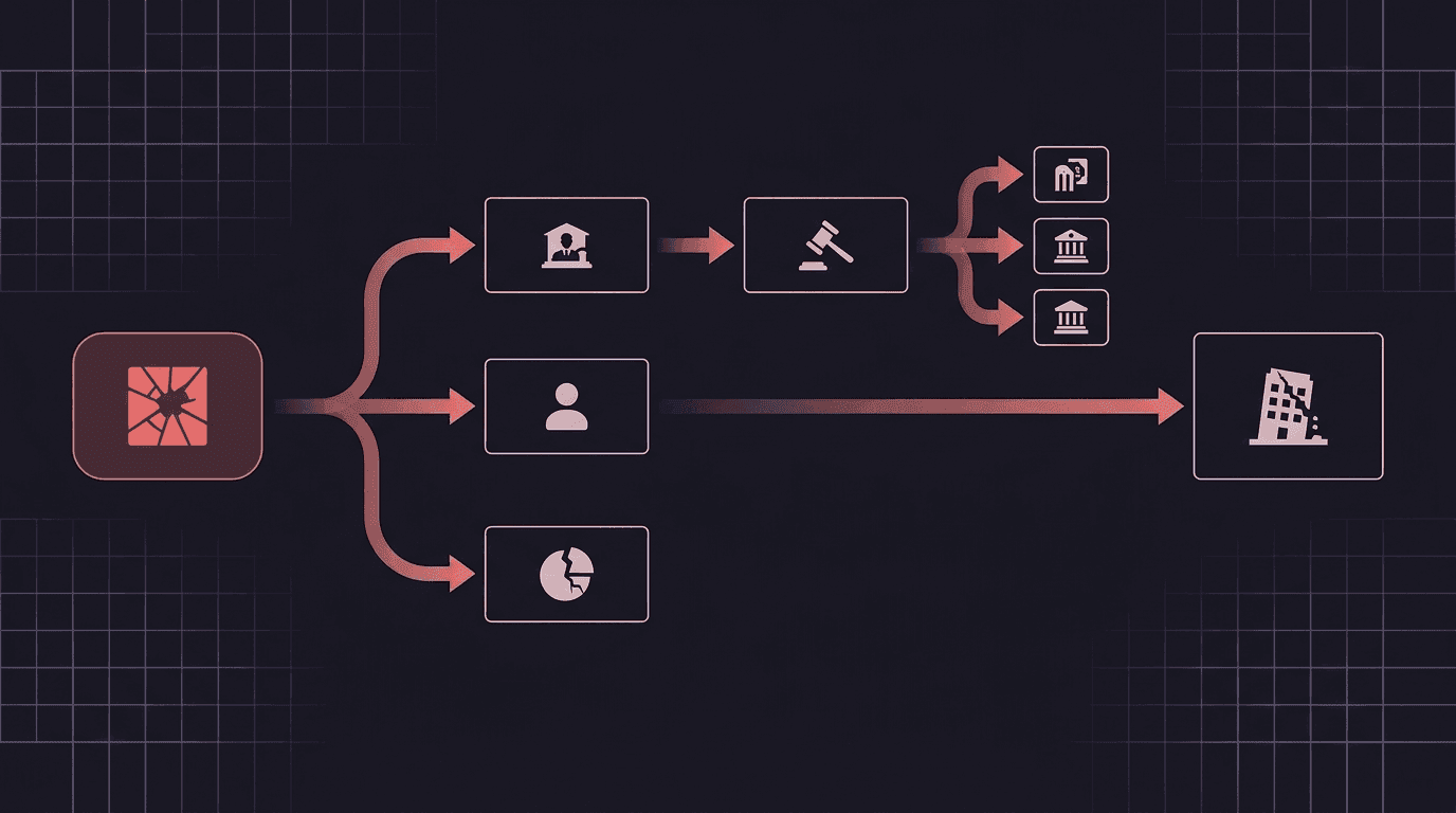 Horizontal cascading flow diagram on dark background showing contagion chain from Terra collapse outward, leftmost large node labeled Terra UST and LUNA collapse with a downward red arrow, that arrow splits into three branches, first branch to a node labeled Three Arrows Capital default with sub-nodes showing leveraged LUNA and UST positions, second branch to a node labeled retail investors with a small South Korea flag icon, third branch to a node labeled stablecoin risk perception shock, from Three Arrows Capital node an arrow flows to a node labeled Voyager Digital bankruptcy with the figure 650M USD default, from Voyager another arrow to a cluster of three nodes labeled Celsius, BlockFi, Genesis, from that cluster a longer arrow to a terminal node on the right labeled FTX and Alameda collapse November 2022, each arrow is tinted red with slight fading toward the edges to show weakening direct causation, minimal clean schematic style with muted purple and blue accents