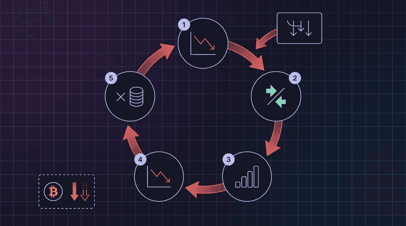 Circular feedback loop diagram on dark background showing five numbered nodes connected by arrows in a closed cycle, node 1 labeled UST trades below 1 USD, node 2 labeled arbitrageurs redeem UST for newly minted LUNA, node 3 labeled LUNA supply grows sharply, node 4 labeled LUNA price falls, node 5 labeled more LUNA needed per redemption which loops back to node 1, each arrow is thick and slightly red-tinted to indicate a reinforcing negative feedback direction, a small side box at the top right labeled Anchor outflows feeds an arrow into node 1 with the caption 70-75 percent of UST supply exiting, another small side box labeled LFG BTC reserves feeds a thin dashed arrow into the diagram labeled insufficient, no other text, minimalist engineering schematic style with subtle purple and blue grid background