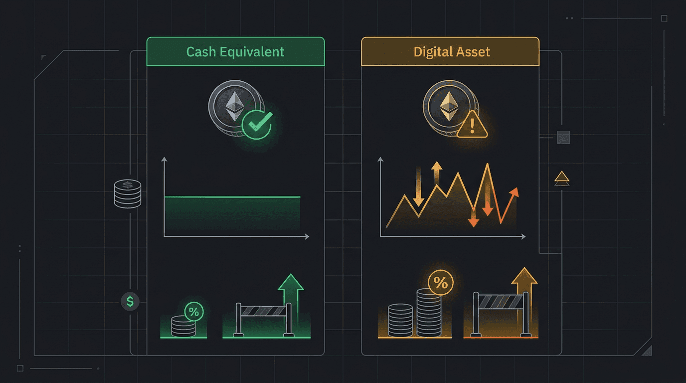 Balance sheet treatment difference: fiat-backed stablecoins as cash equivalents versus over-collateralized tokens as crypto assets with higher capital charges