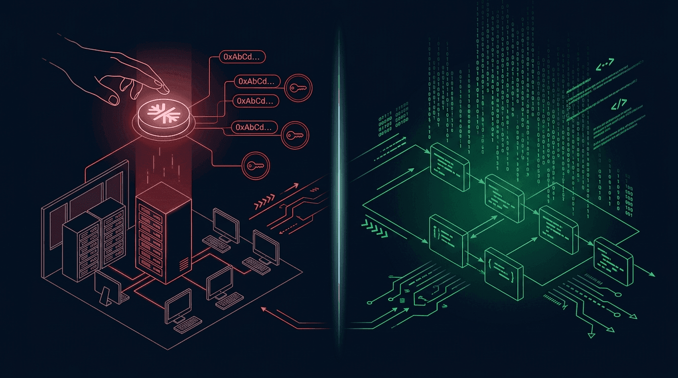 Side-by-side comparison: USDC showing Circle CEO with discretionary freeze decision tree, UPD showing smart contract code with no freeze function visible