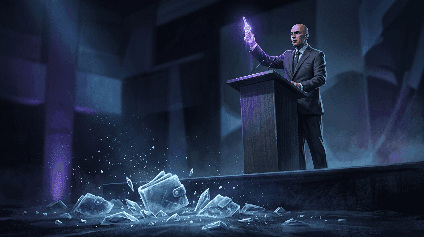 USDC and UPD logos facing each other, with a balance scale between them showing a court order on one side and a smart contract on the other