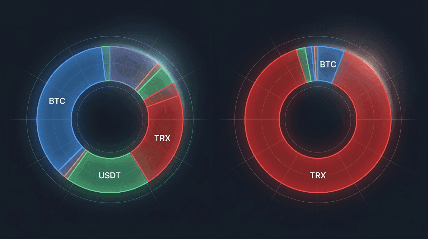 Before and after pie charts of USDD collateral composition, with BTC shrinking from a major slice to a sliver while TRX expands to dominate the right chart
