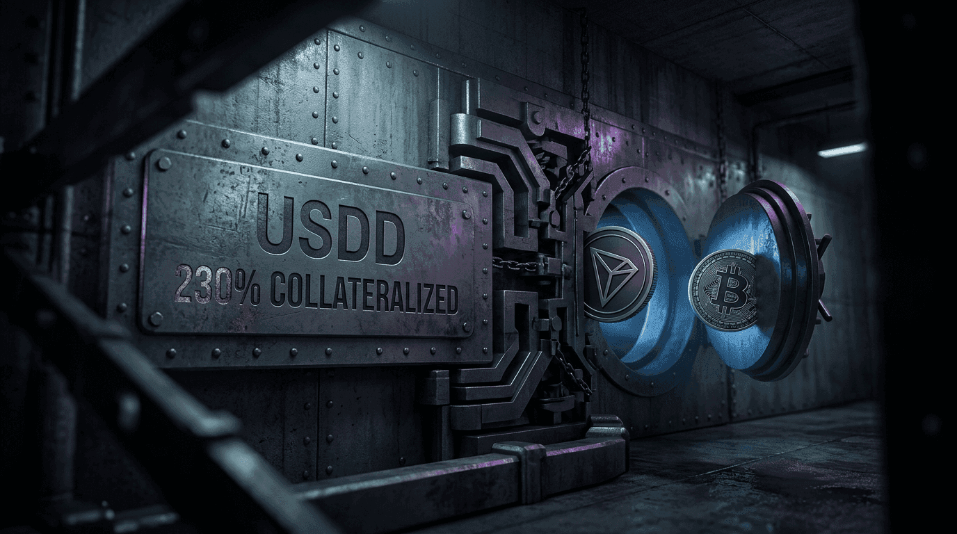 A tall on-chain vault labeled USDD with a BTC icon quietly exiting through a side door while a TRX icon fills the void, the vault's '230% collateralized' sign unchanged