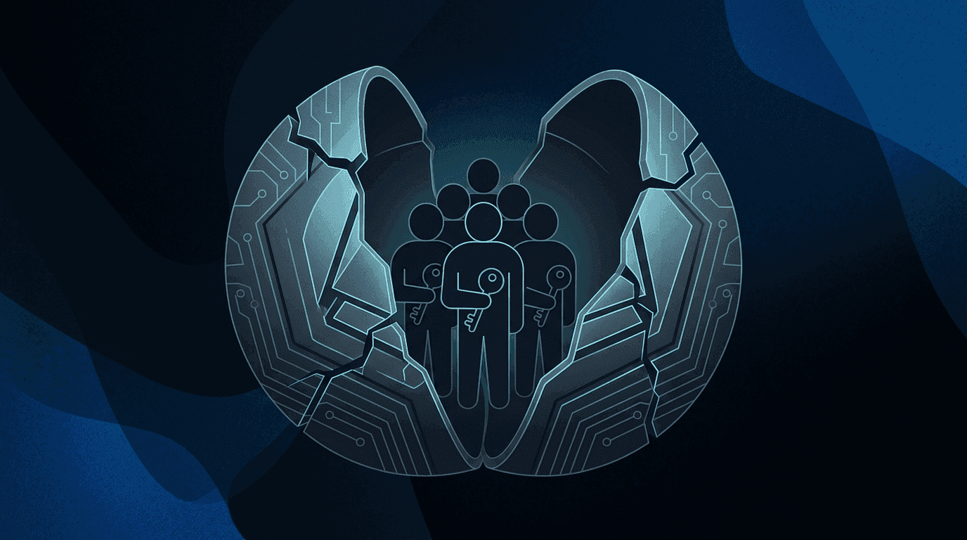 Stylized diagram of a DAO logo cracked down the middle, with a small cluster of key-holder icons visible inside instead of a broad community, the cracked shell labeled 'DAO'