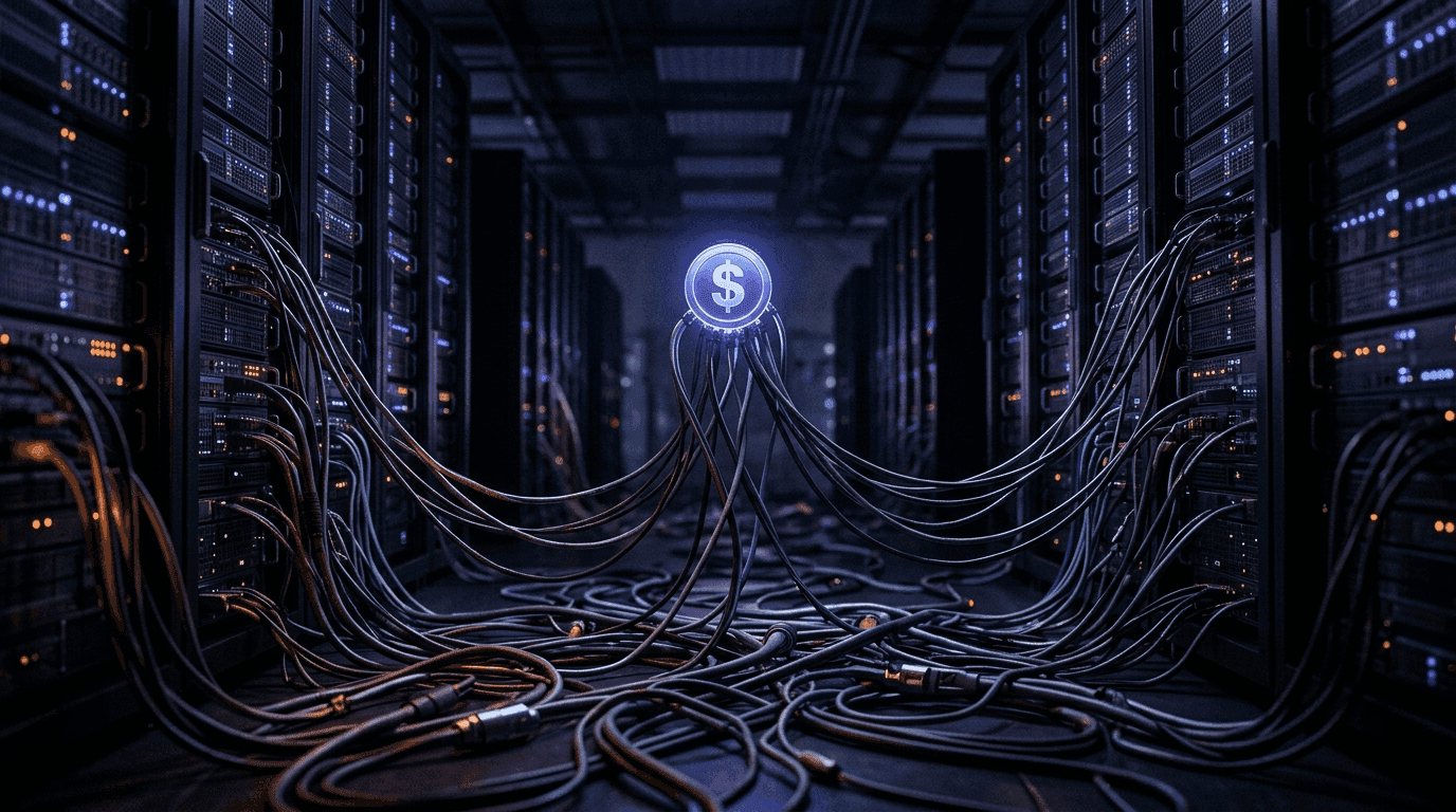 A floating dollar coin connected by cables to massive exchange server infrastructure beneath it, revealing the centralized machinery behind a DeFi-looking token