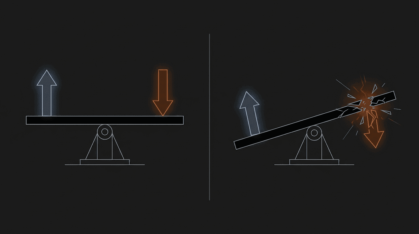 Split illustration showing a delta-hedging mechanism: long spot arrows balanced against short futures arrows on a seesaw, with the futures side cracking on the right