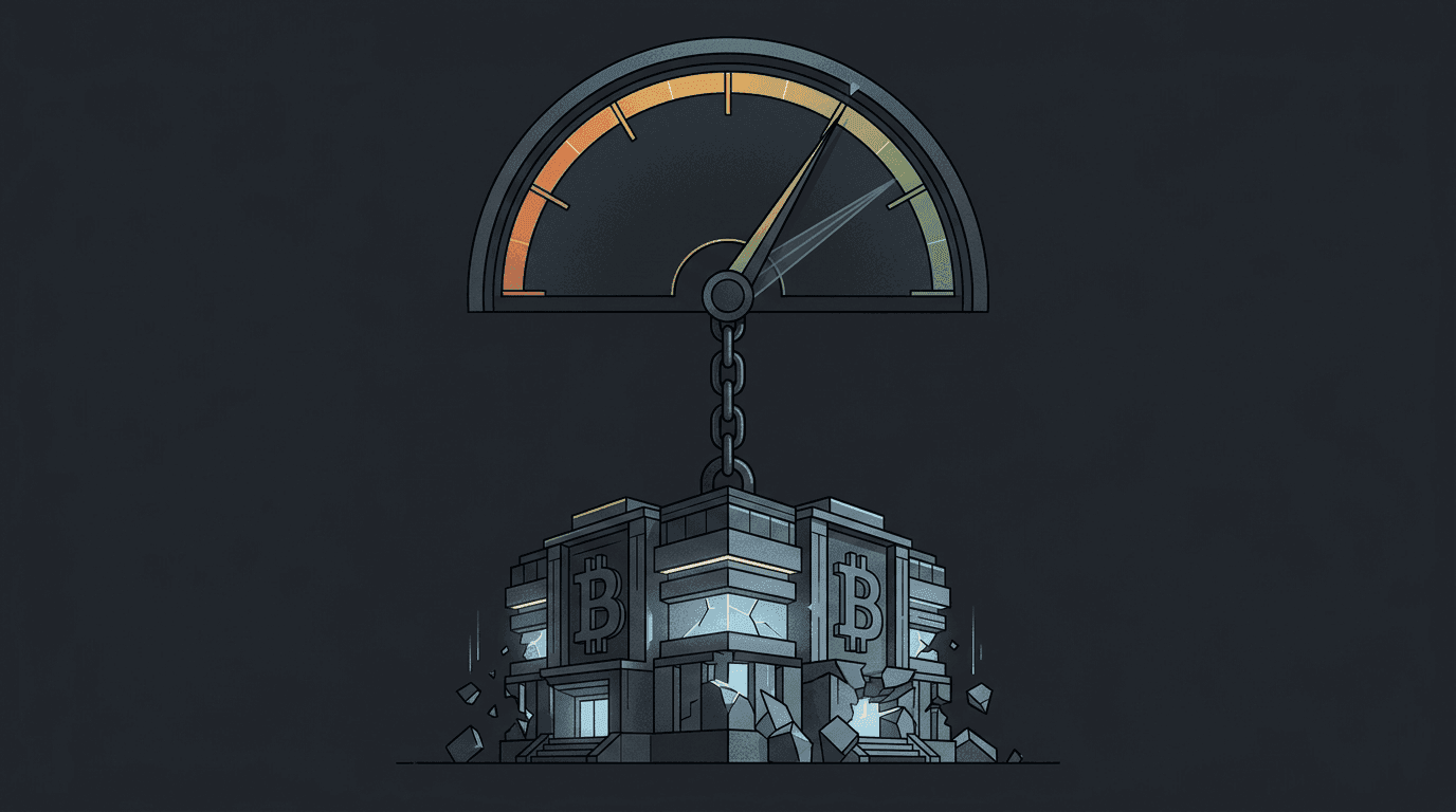 A yield gauge dial showing high returns connected by a chain to an exchange building below, if the building crumbles the needle drops to zero