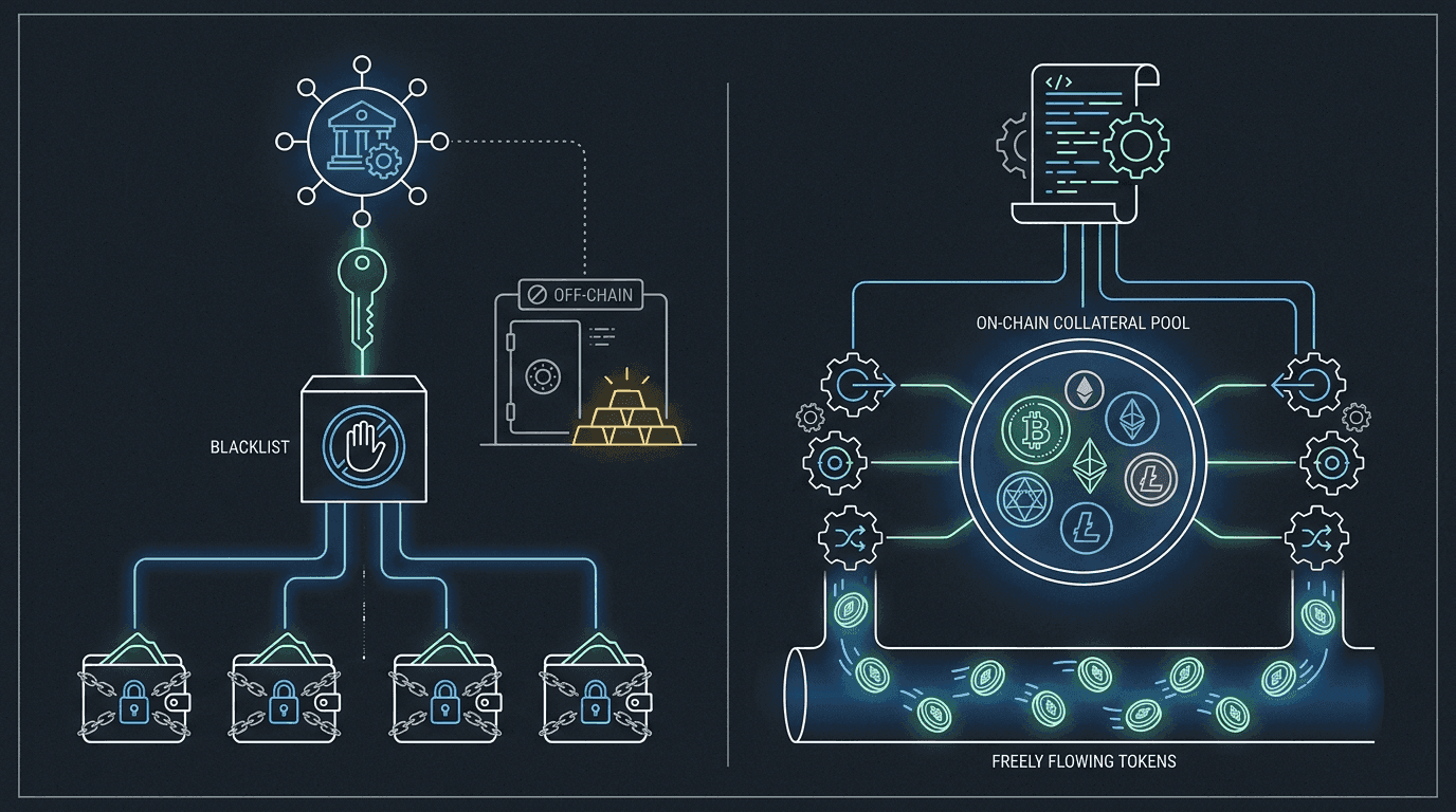 USDT architecture: centralized issuer with single onlyOwner key controlling blacklist and destroyBlackFunds functions, off-chain reserves in a bank vault