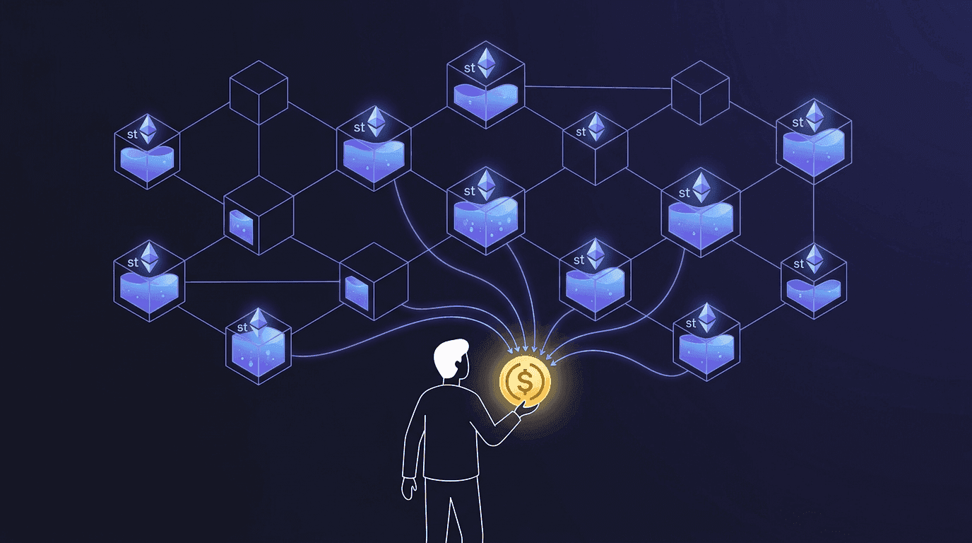 A user holds a dollar-pegged token while a network of independent vault operators over-collateralize it with stETH in the background