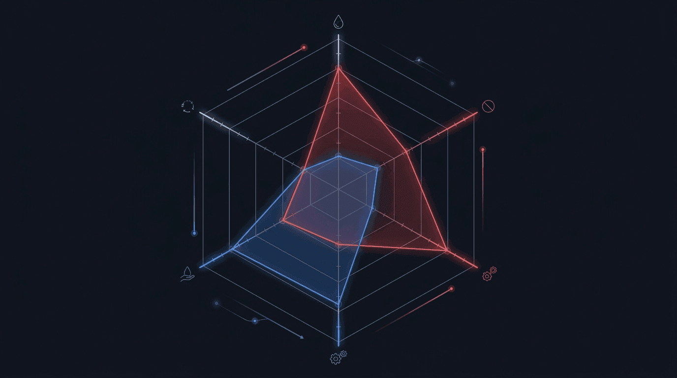 Risk radar chart comparing USDT and non-freezable stablecoin designs across liquidity, admin control, regulatory clarity, counterparty risk, transparency, and composability