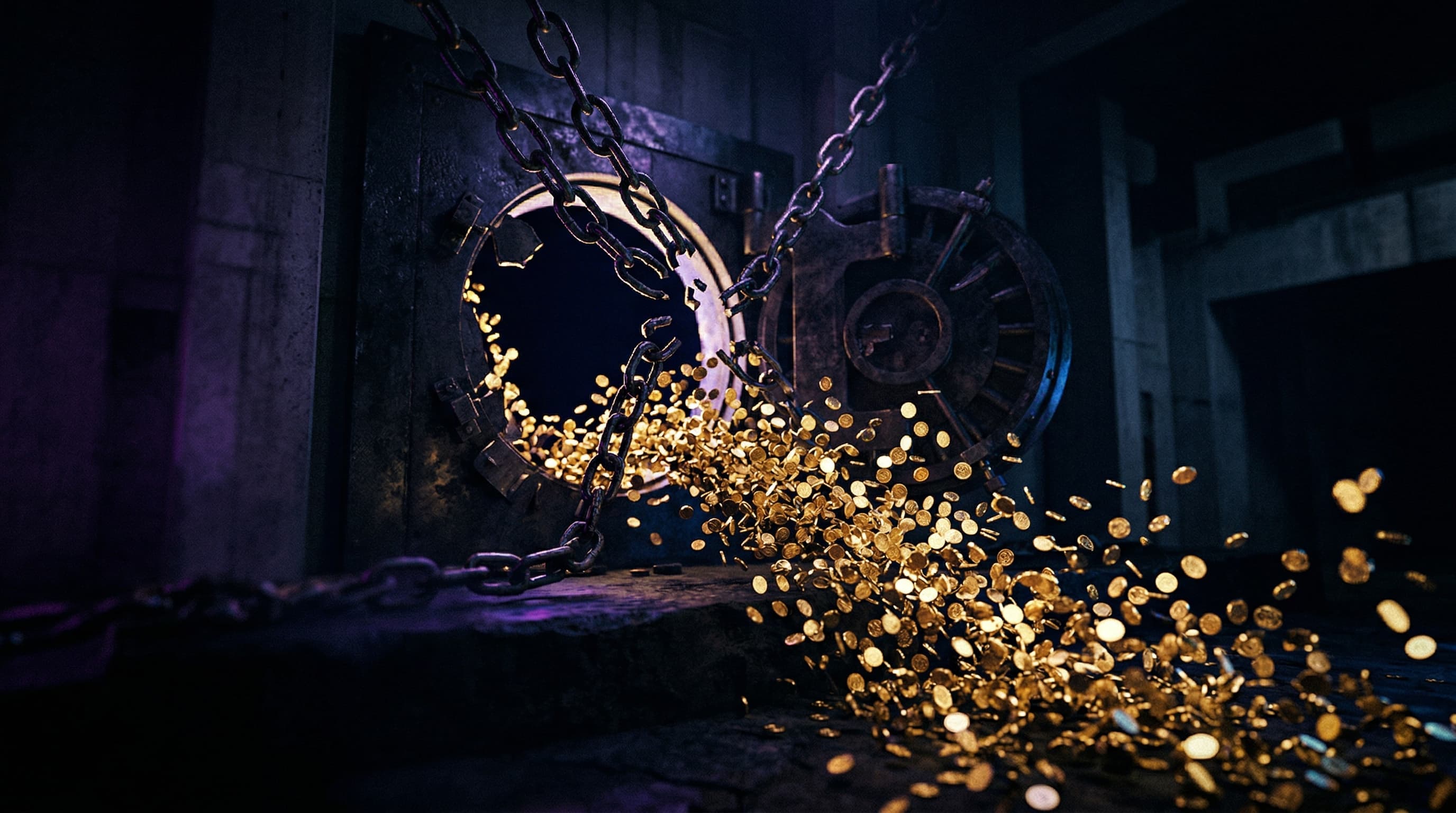 A digital vault with broken chains, coins flowing freely