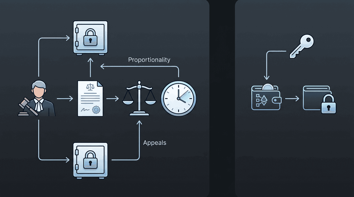 Bank freeze process with judge, court order, proportionality, and appeals versus stablecoin freeze with just one admin key and no oversight