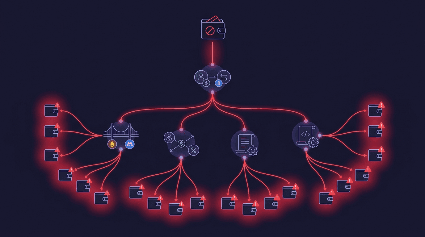 Taint contagion spreading through DeFi: one blacklisted wallet contaminating innocent downstream wallets through liquidity pools and bridges