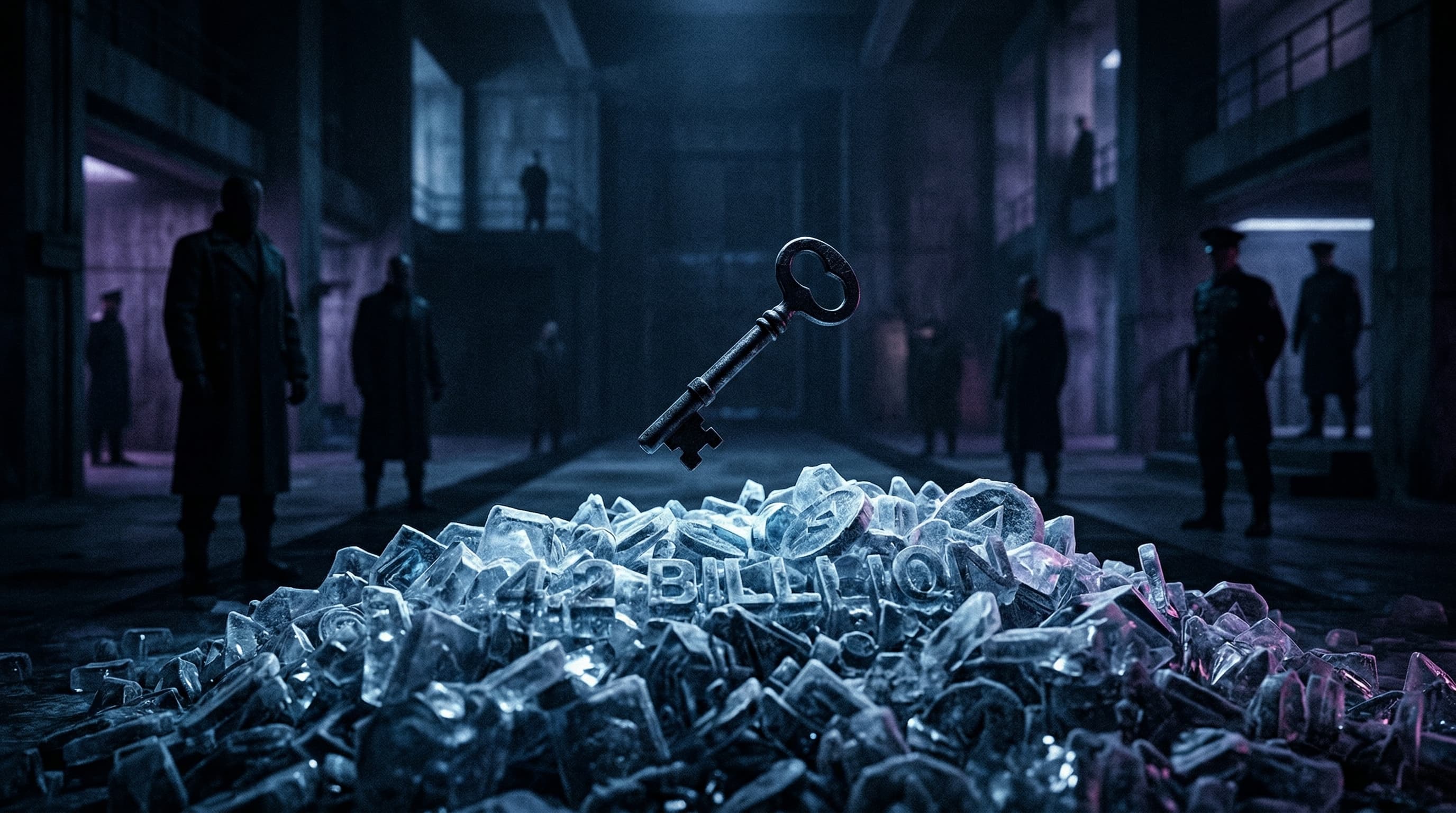 A single key hovering over frozen tokens with shadows of administrators